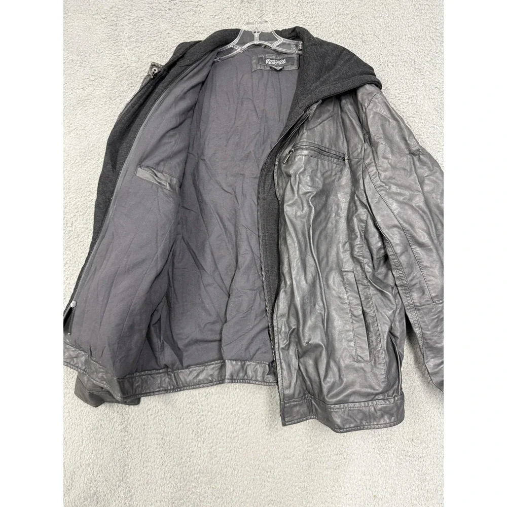 Kenneth Cole Reaction Jacket Mens 2XL Black Faux Leather Hooded Moto Zip‎ Bomber